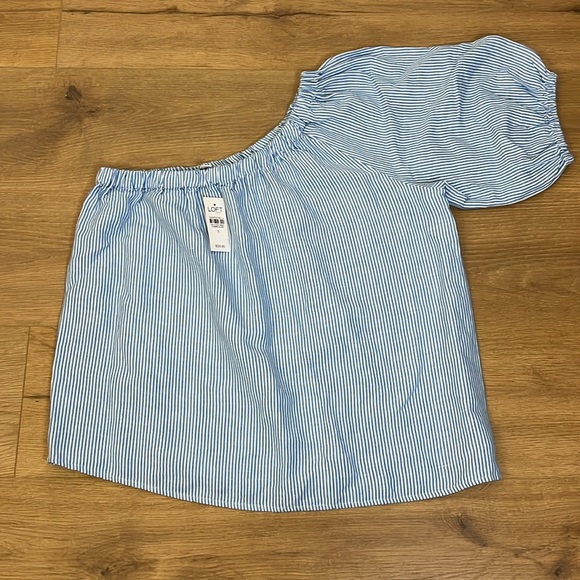 Loft | New linen blend one shoulder top/blouse Womens size S stripes puff sleeve - Picture 3 of 8